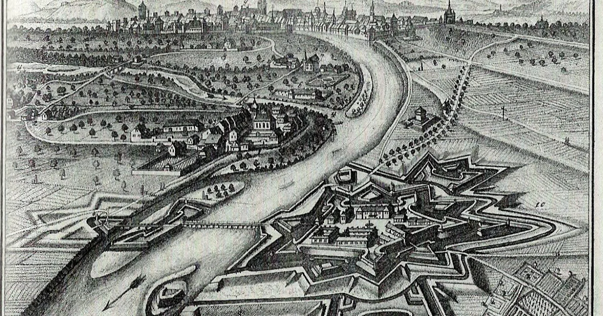 Ancienne gravure montrant la forteresse de Huningue, vue de haut.